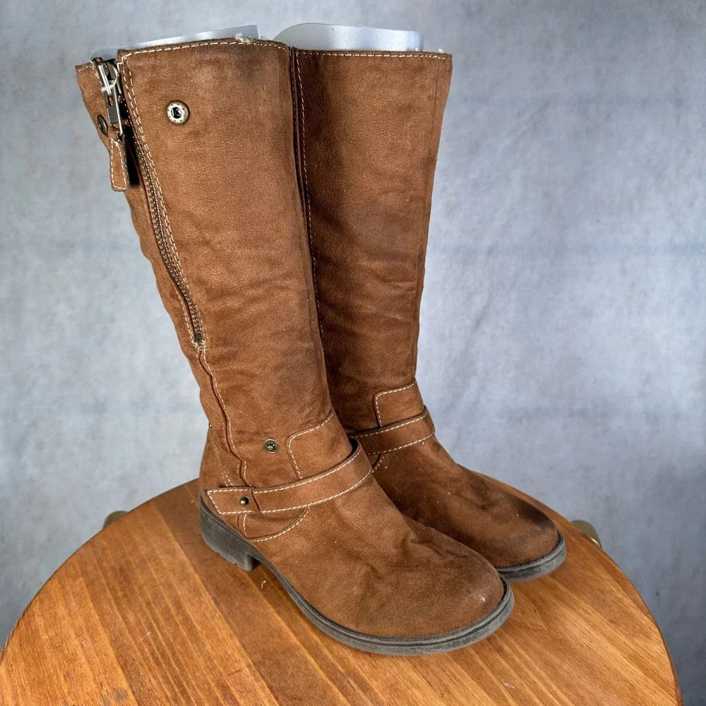 Lower East Side Tall Boots Women 8 Brown Good Faux Suede Harness Shearling Lined